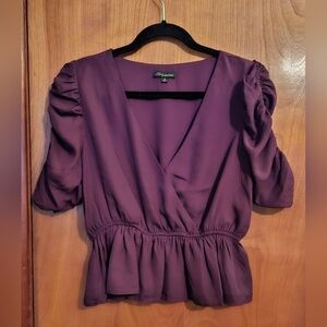 Shinestar Purple Peplum Blouse | Puff Sleeves V-Neck - Size M